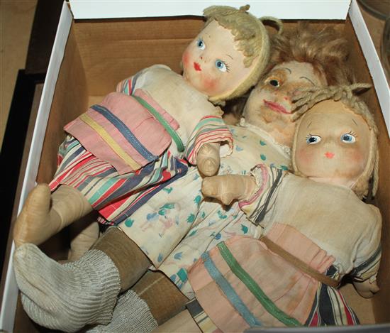 3 cloth dolls & copper Arts & Crafts tray